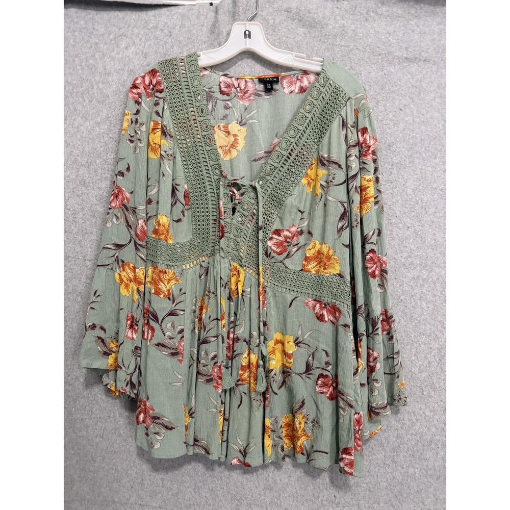 Torrid Blouse Womens 00 Green Floral V Neck Long Bell Sleeve Tunic Boho Peasant